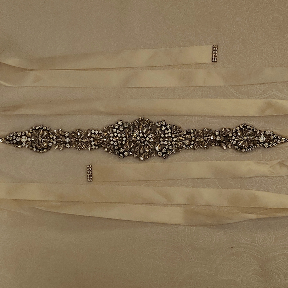Ivory Satin Ribbon Belt with Crystal Embellished Applique